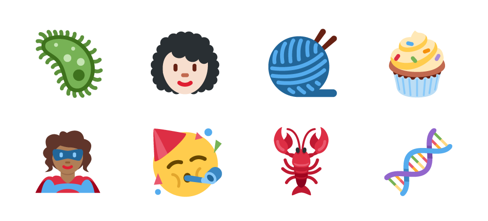 Twitter Emoji Unicode 11 examples including a lobster, partying face, human DNA, ball of yarn and more