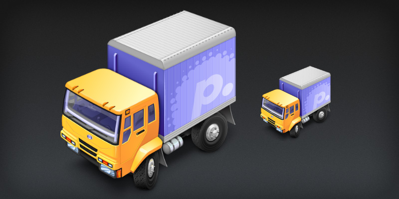 Transmit icon featuring a gold and purple box truck