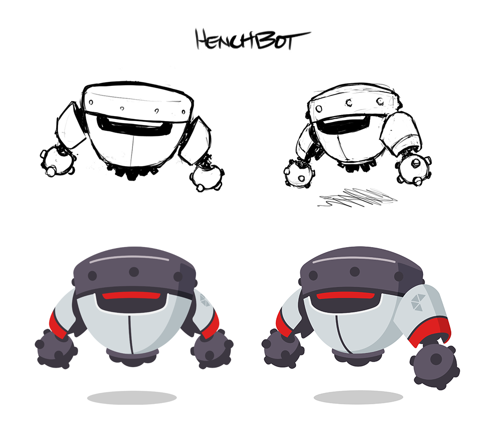 Concept sketches and final rendered art for character HenchBot